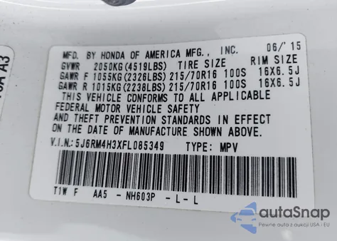 2015 Honda Cr-V Lx from USA, damaged, VIN 5J6RM4H3XFL085349